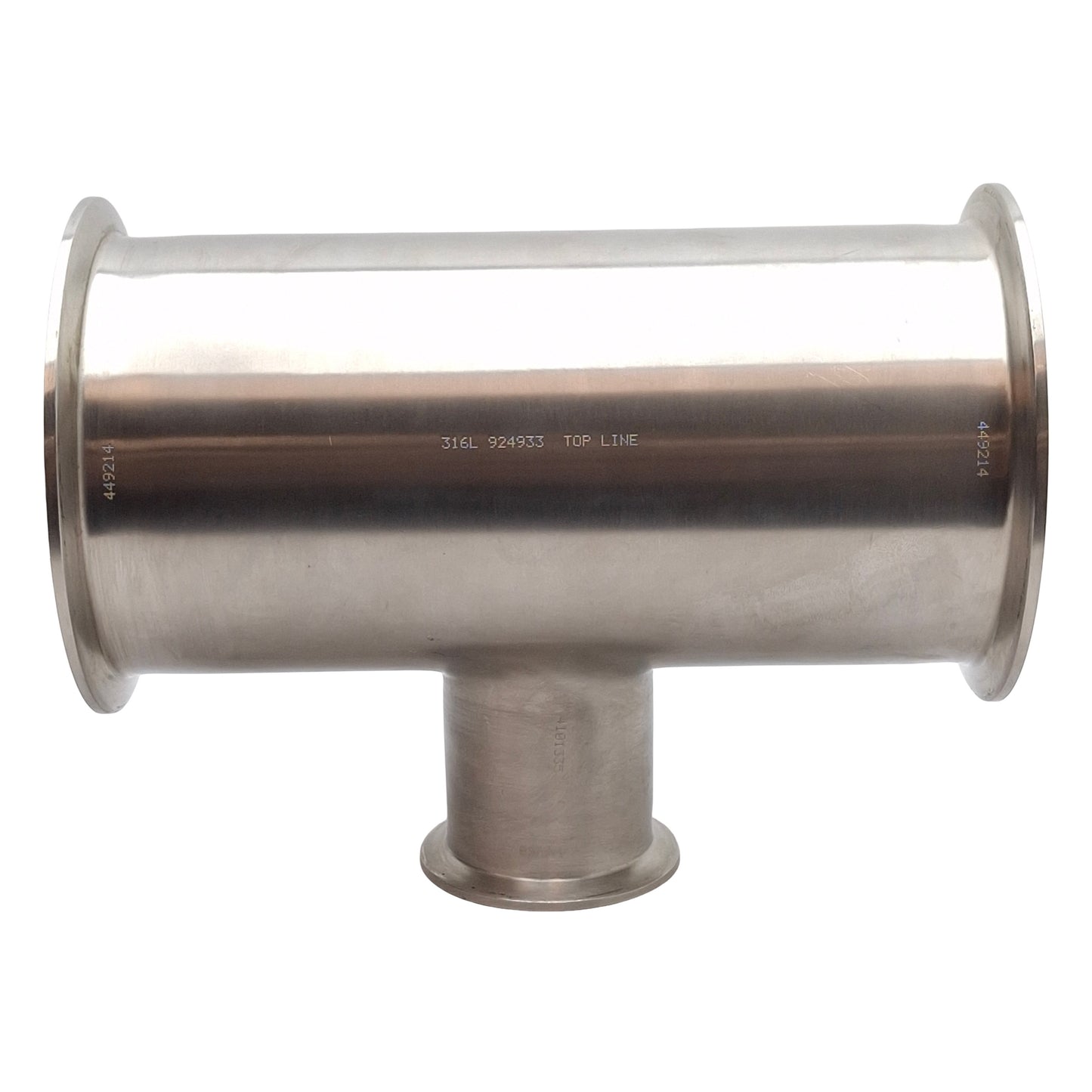 Used Stainless Steel 316L 3-Way Tee Sanitary Pipe Fitting, 4in to 2in Tri-Clamp