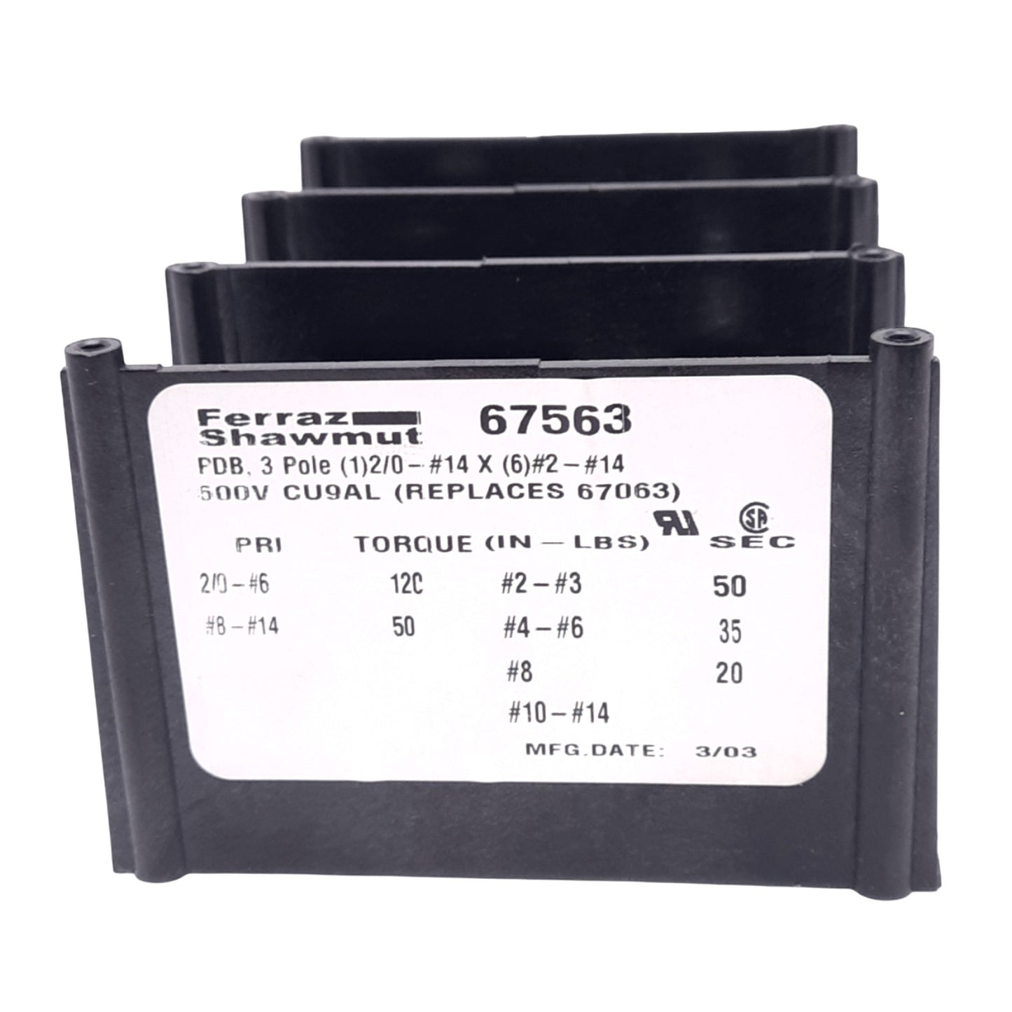 Used Ferraz Shawmut 67563 Power Distribution Block, 3-Pole, 600VAC 175A, 2-14AWG