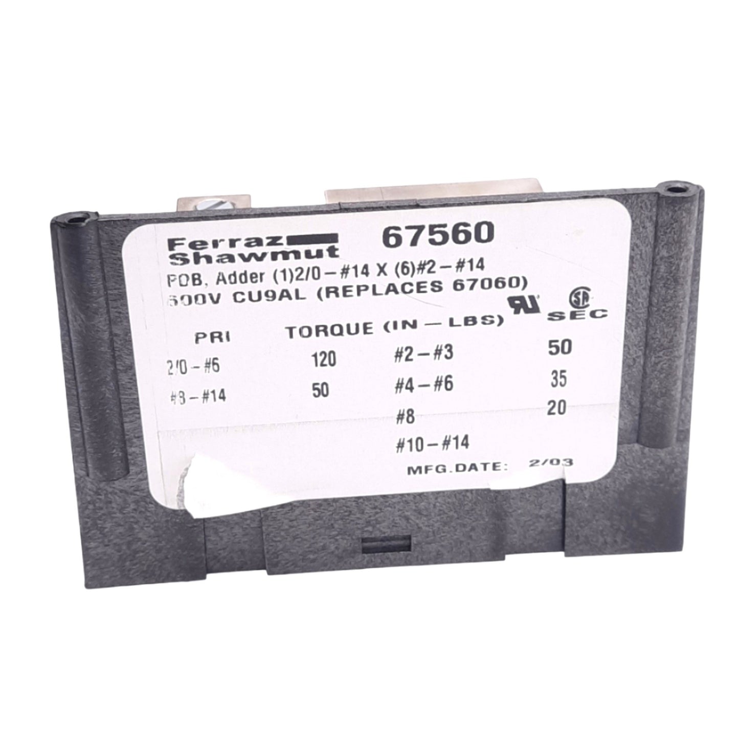 Used Ferraz Shawmut 67560 Power Distribution Block Adder, 600VAC 175A, 2-14AWG
