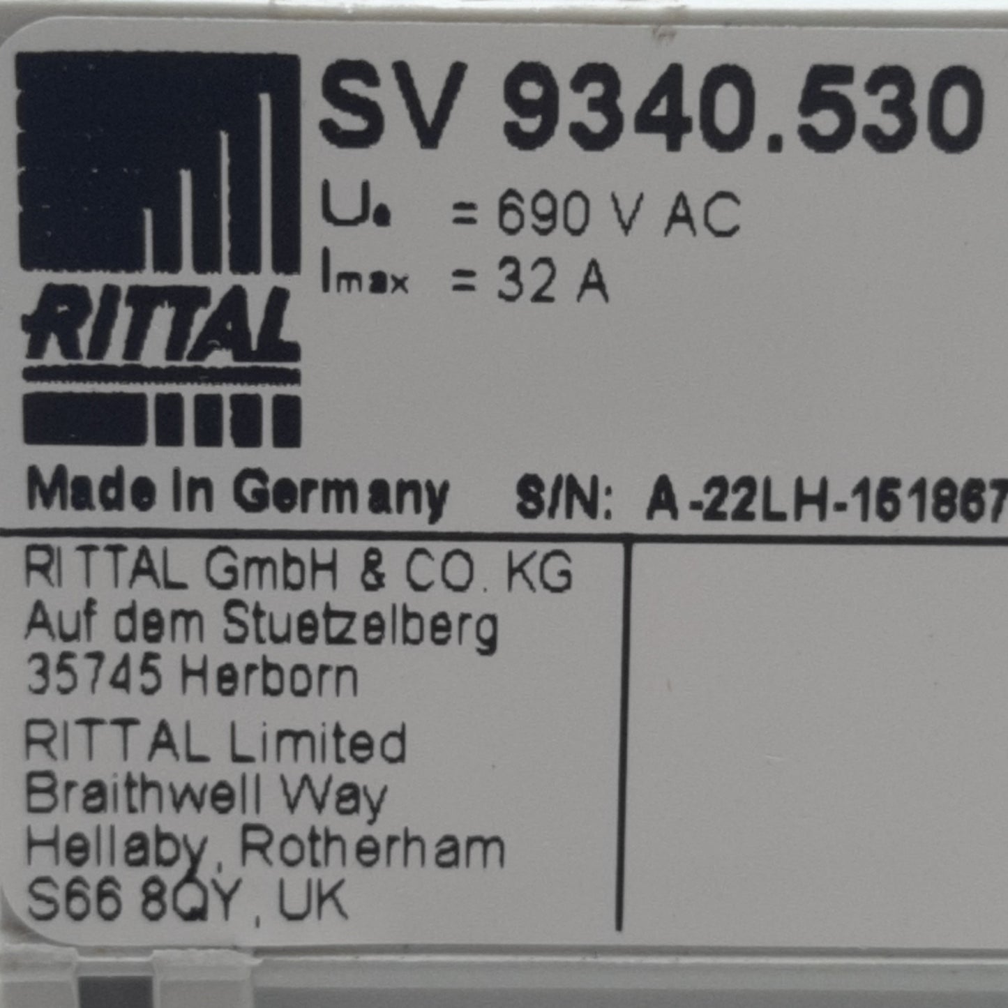Used Rittal SV9340.530 Enclosure System, 208mm x 45mm, 32A max, 690VAC, 3-poles
