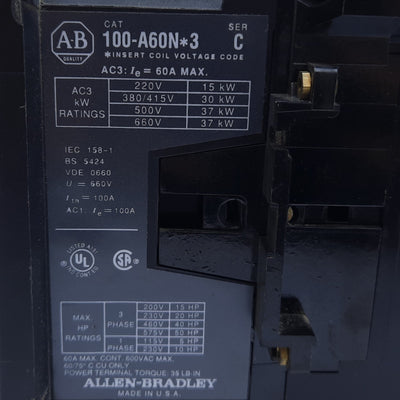 Used Allen Bradley 100-A60NH3 Ser C IEC Contactor, 60A Max., 208V AC Coil *Crack*