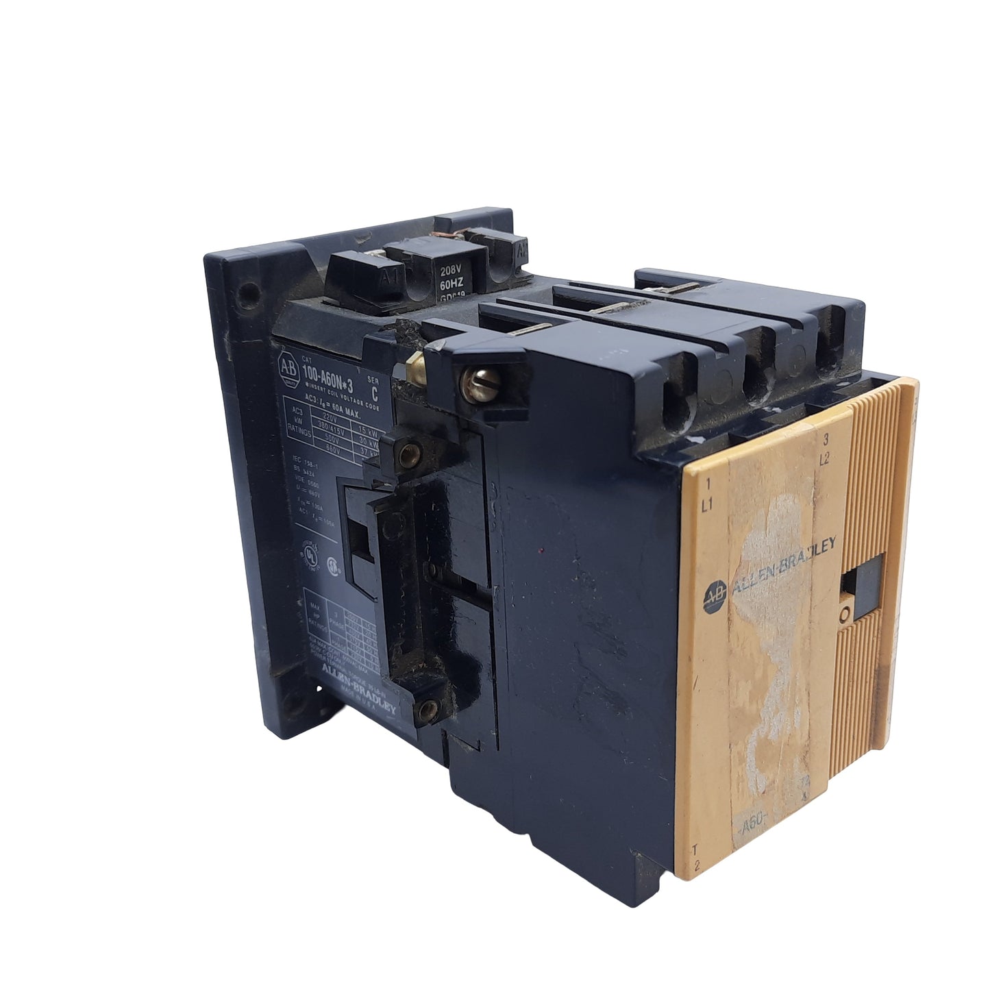Used Allen Bradley 100-A60NH3 Ser C IEC Contactor, 60A Max, 600V AC Max, 208V AC Coil