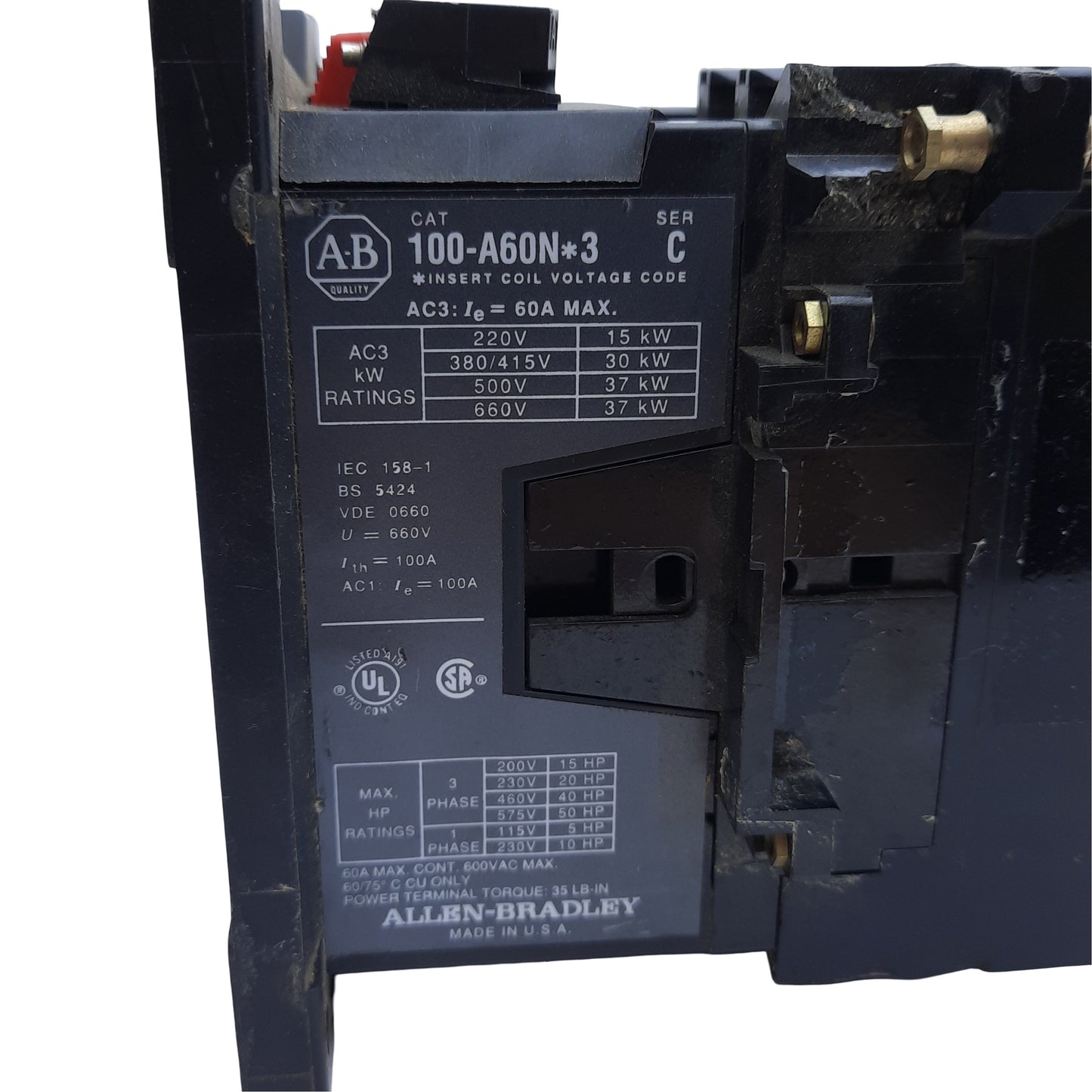 Used Allen Bradley 100-A60NH3 Ser C IEC Contactor, 60A Max, 600V AC Max, 208V AC Coil