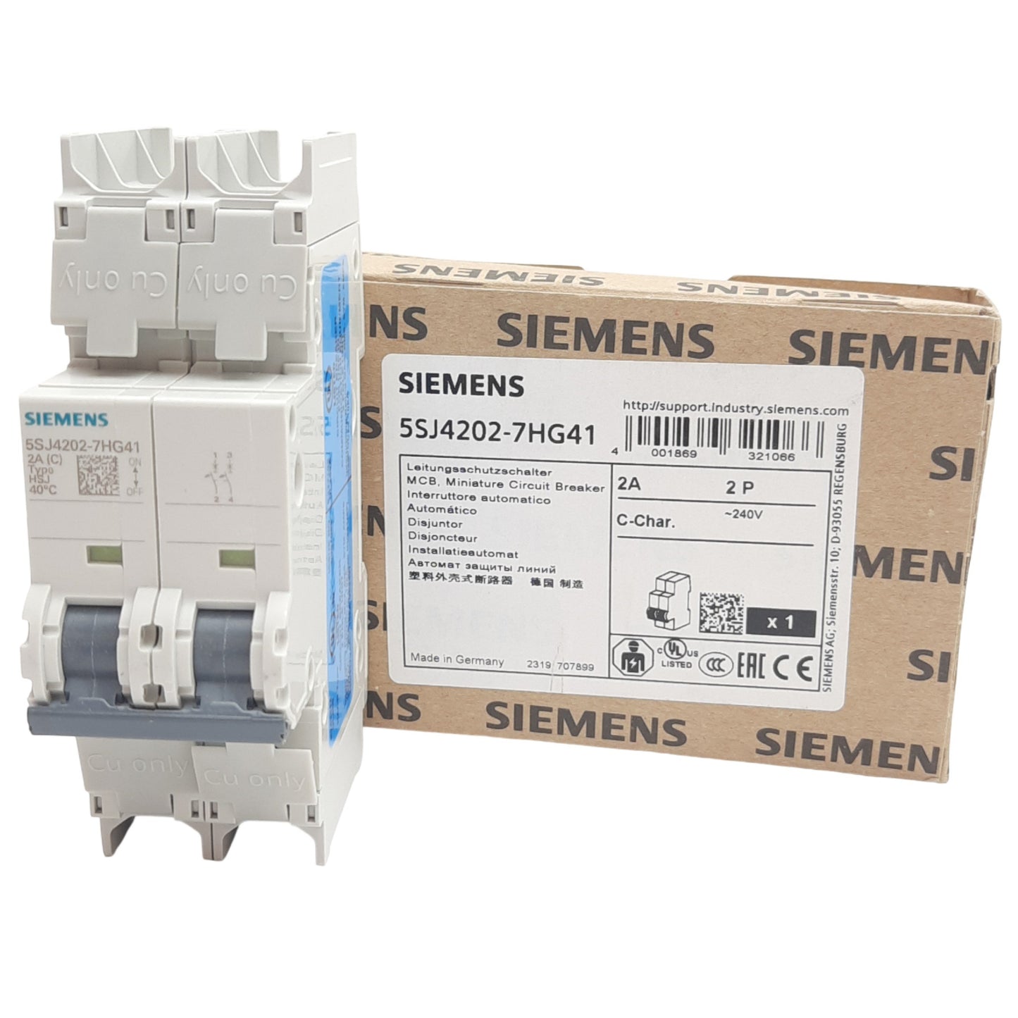 New Siemens 5SJ4202-7HG41 Miniature Circuit Breaker, 2-Pole, 400VAC/ 60VDC, 2A