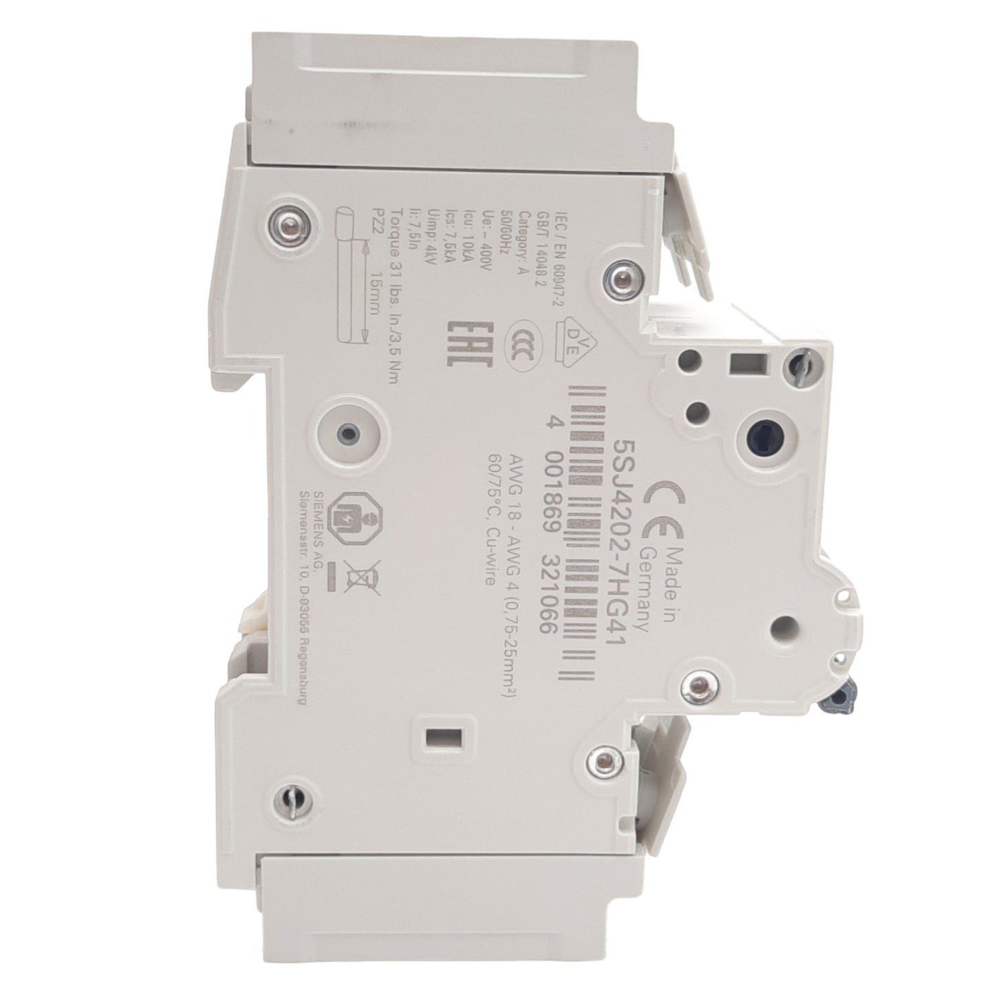 New Siemens 5SJ4202-7HG41 Miniature Circuit Breaker, 2-Pole, 400VAC/ 60VDC, 2A