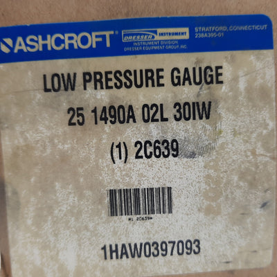 Used Ashcroft 25-1490A-02L-30IW Low Pressure Gauge, Size 2-1/2", 0/30 in. H₂O