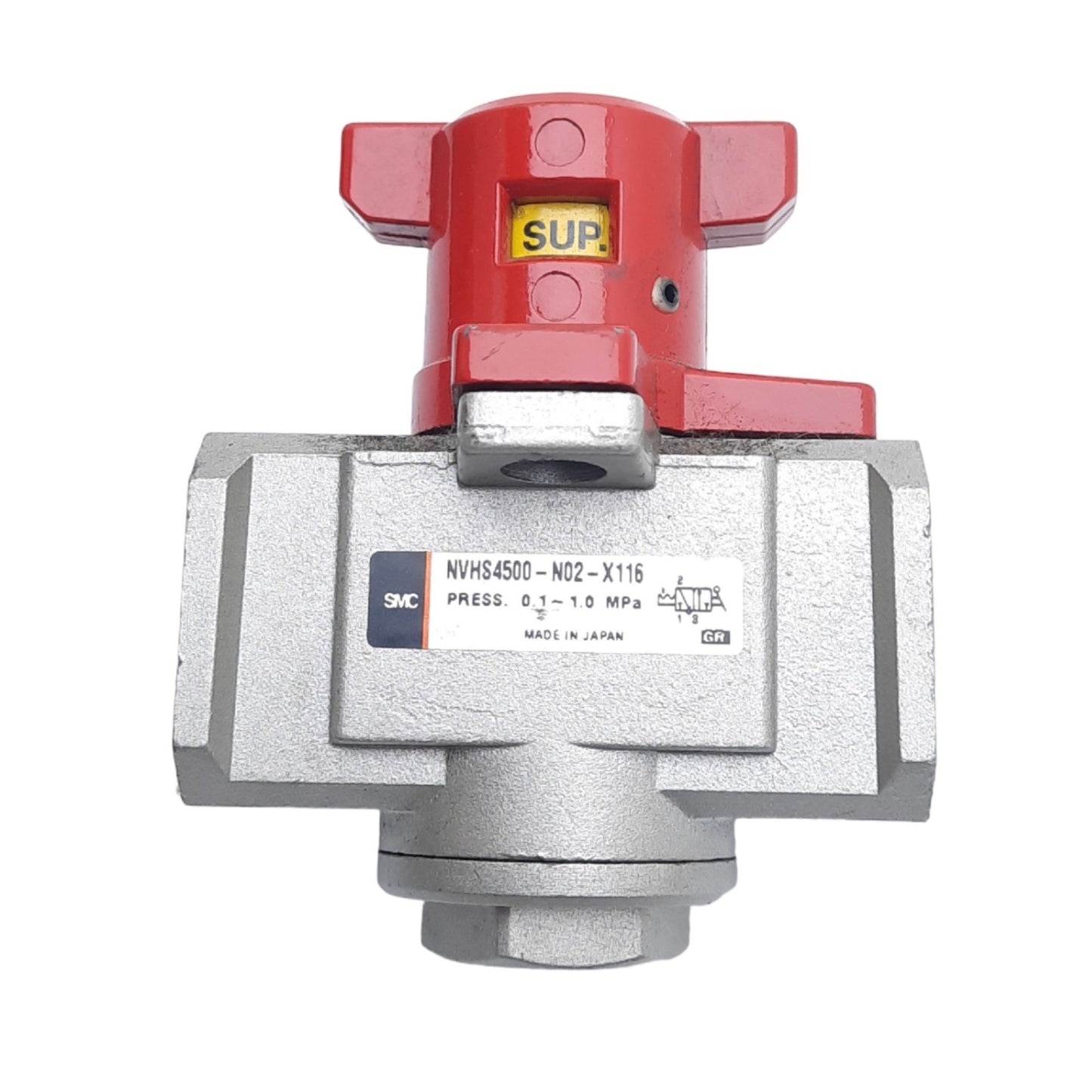 Used SMC NVHS4500-N02-X116 Pneumatic Valve, 3-Way, 1/4in NPT, 3/8in NPT, 0.1-1.0MPa