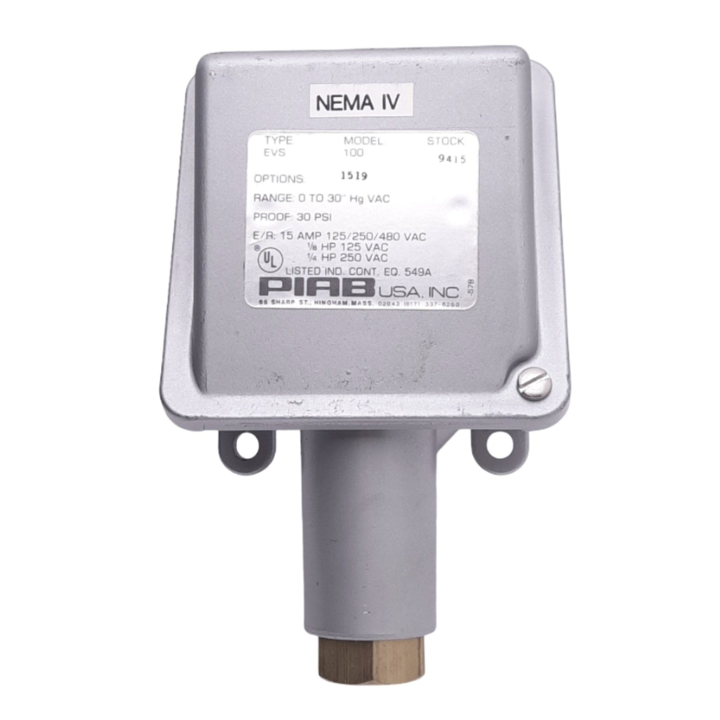 New PIAB EVS100 Pneumatic Vacuum Switch, 0-30" Hg Vacuum, 30psi Max, 125/250/480VAC