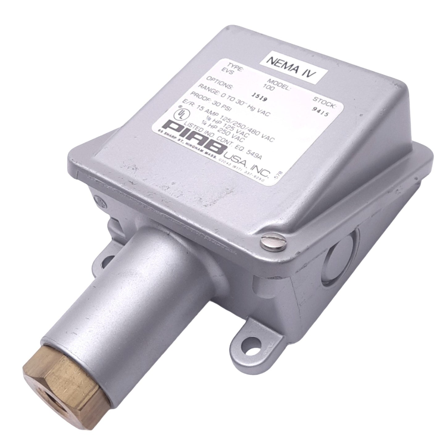 New PIAB EVS100 Pneumatic Vacuum Switch, 0-30" Hg Vacuum, 30psi Max, 125/250/480VAC