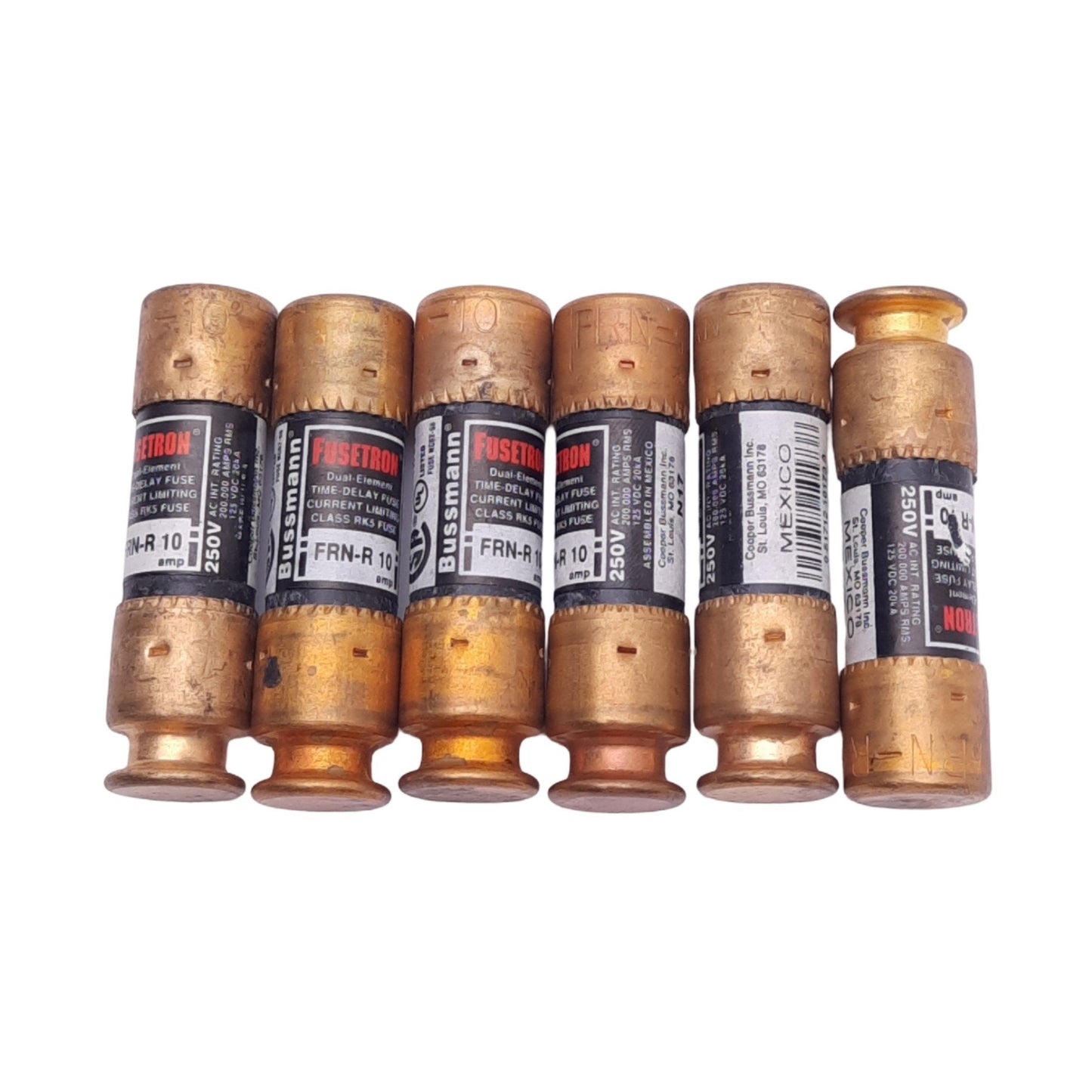 Used Lot of 6 Eaton Bussmann FRN-R-10 Time Delay Fuses, 10A, 250VAC, Class RK5