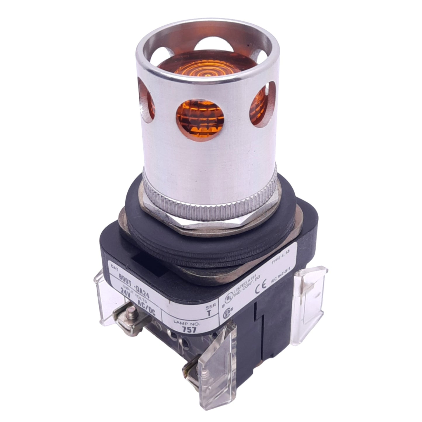 Used Allen Bradley 800T-QA24 Pushbutton Switch w/ Guard, ø30mm, 1NC 1NO, 24V Lamp