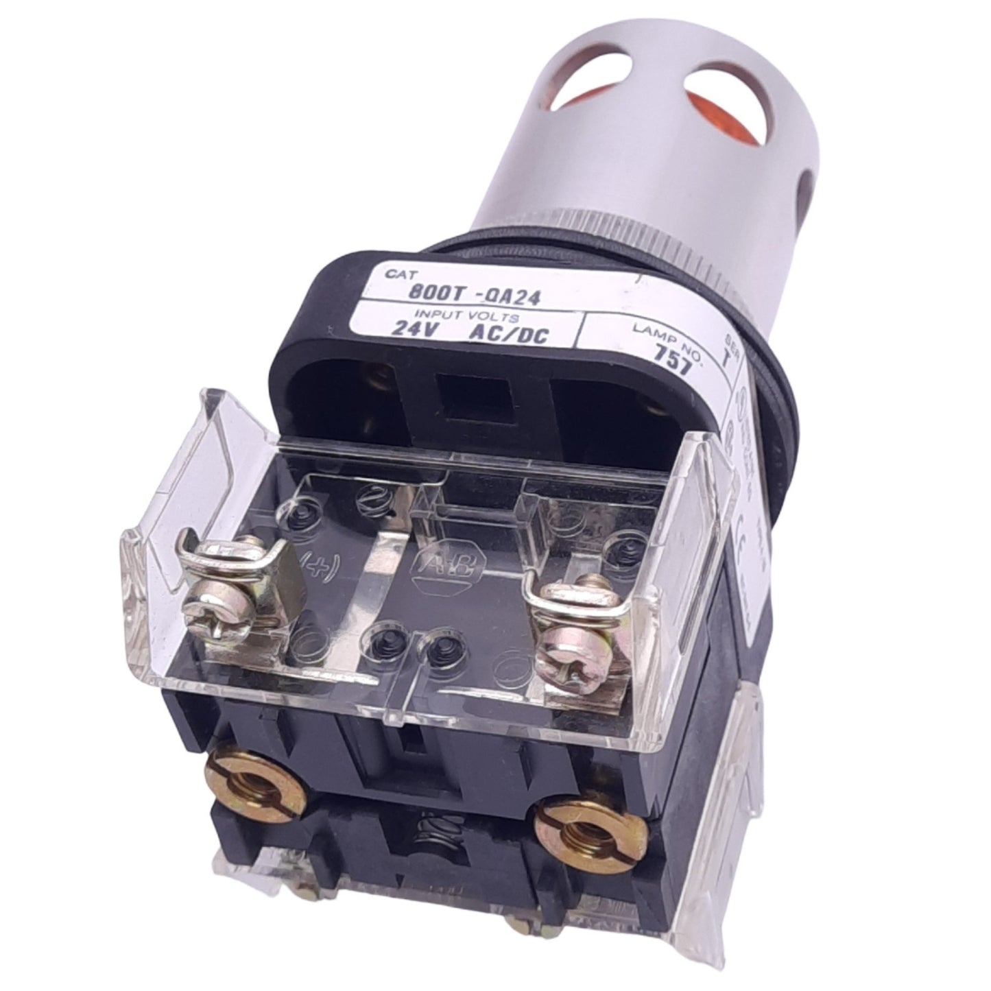 Used Allen Bradley 800T-QA24 Pushbutton Switch w/ Guard, ø30mm, 1NC 1NO, 24V Lamp