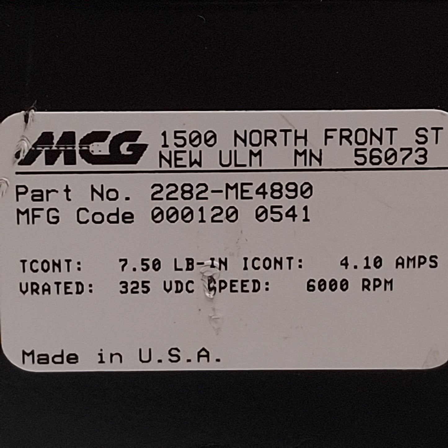Used MCG 2282-ME4890 Servo Motor 325VDC 4.1A, 6000RPM 7.5lb-in, ø3/8in Shaft, NEMA 23