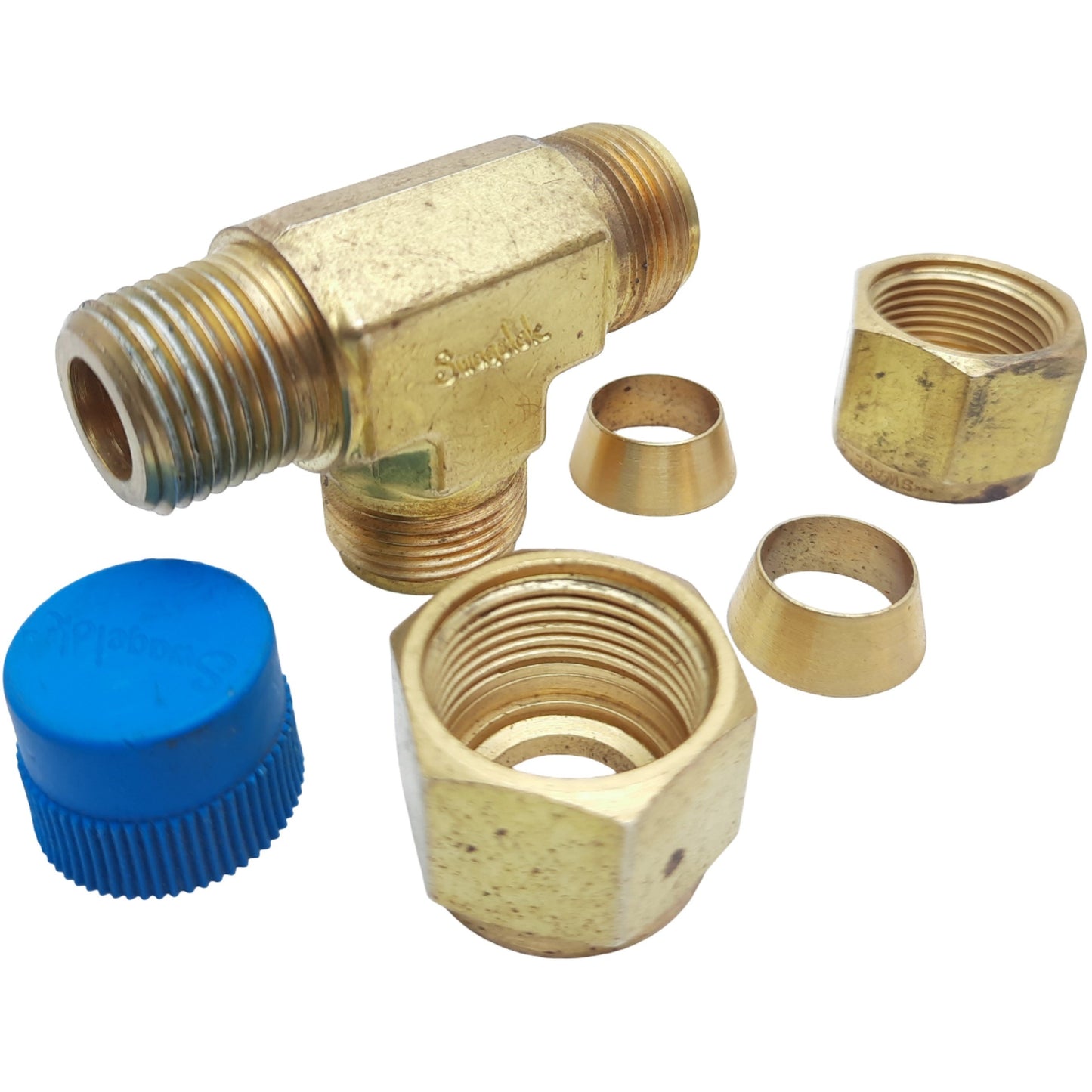 Used Lot of 4 Swagelok B-810-3TMT Brass Run Tee Fitting, 1/2" OD Tube x 3/8" NPT Male