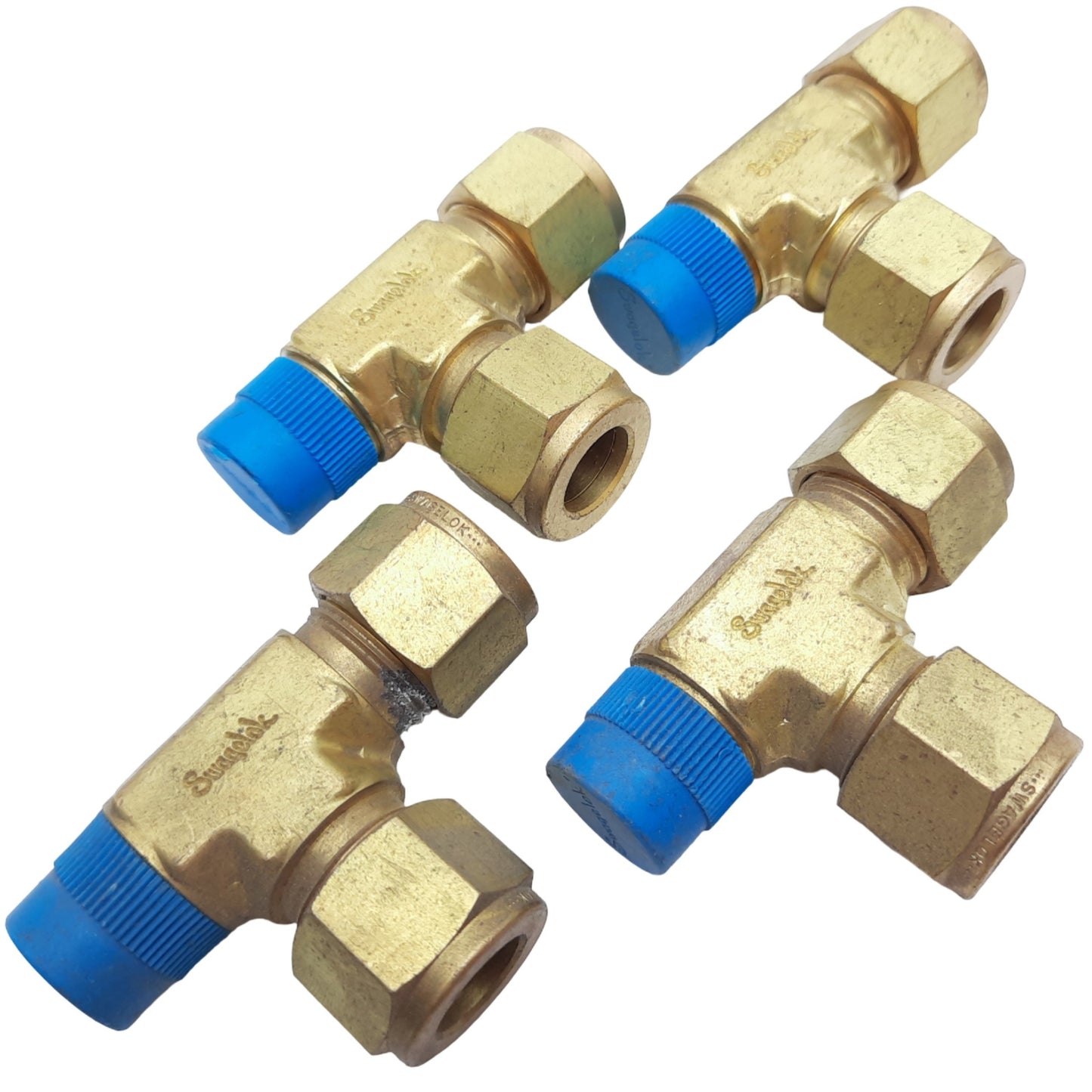 Used Lot of 4 Swagelok B-810-3TMT Brass Run Tee Fitting, 1/2" OD Tube x 3/8" NPT Male
