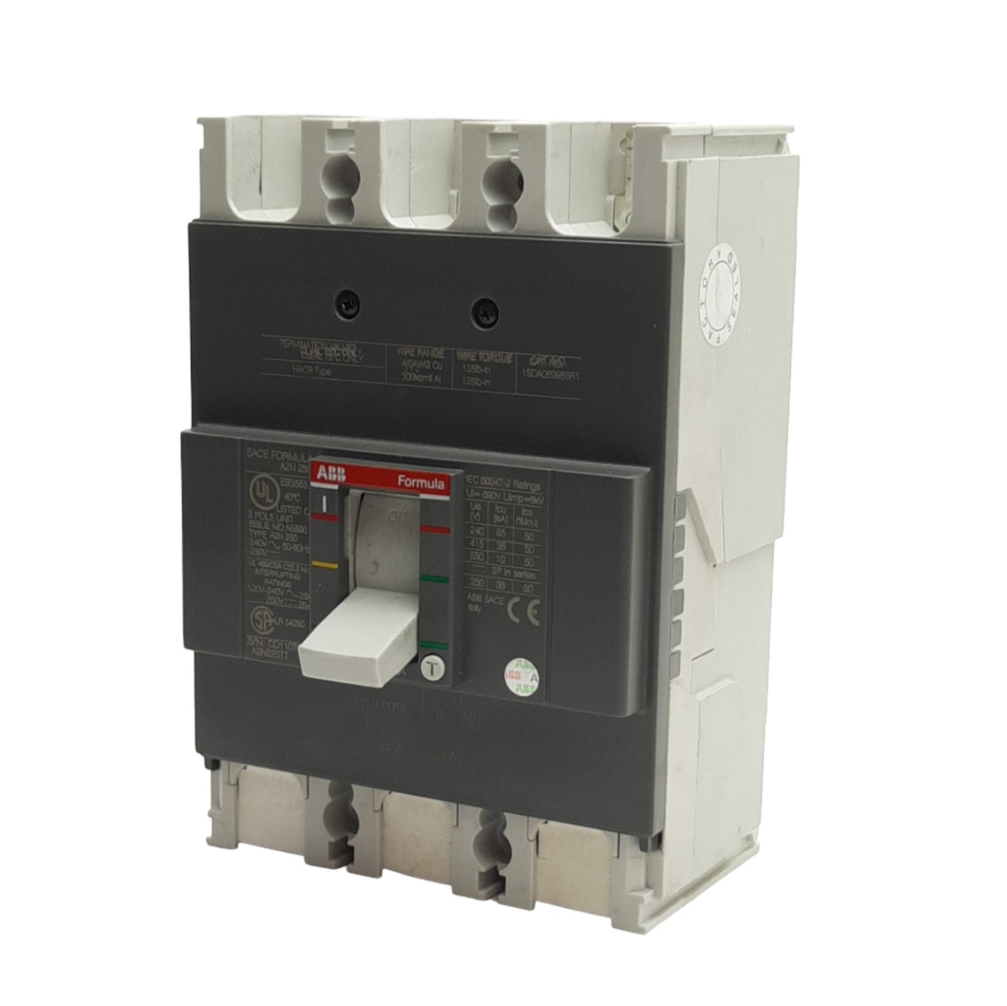 Used ABB 1SDA06983R1 Circuit Breaker 3-Poles, 225A 240VAC/250VDC *Missing Lugs*