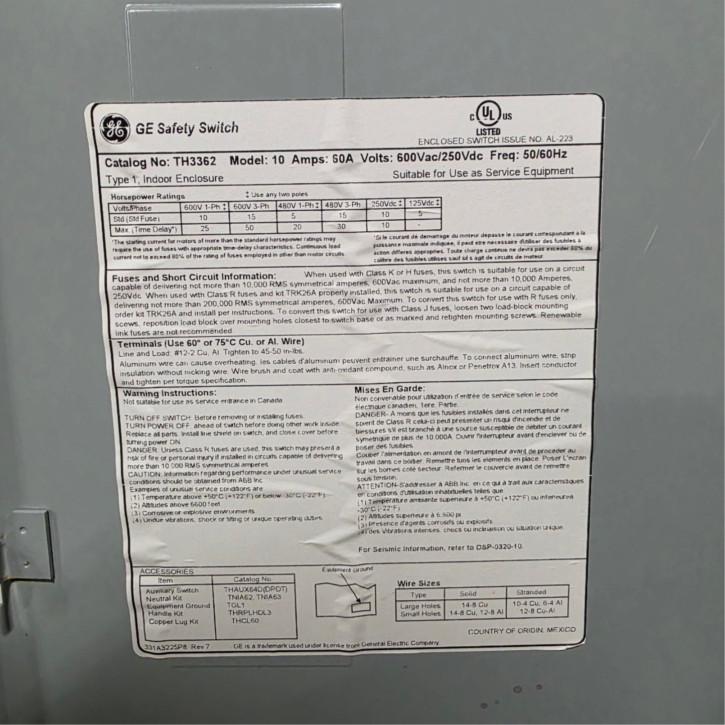 Used General Electric TH3362 Spec-Setter Heavy Duty Fusible Switch 60A 600VAC 3-Pole