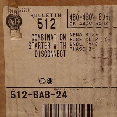New Allen Bradley 512-BAB-24 Combination Starter w/ Disconnect, Fusible, 480VAC 30A