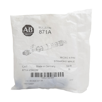 New Allen Bradley 871A-VS4-DM Connector, 4-Pin M12 DC Micro Straight Male, 4A 250VAC