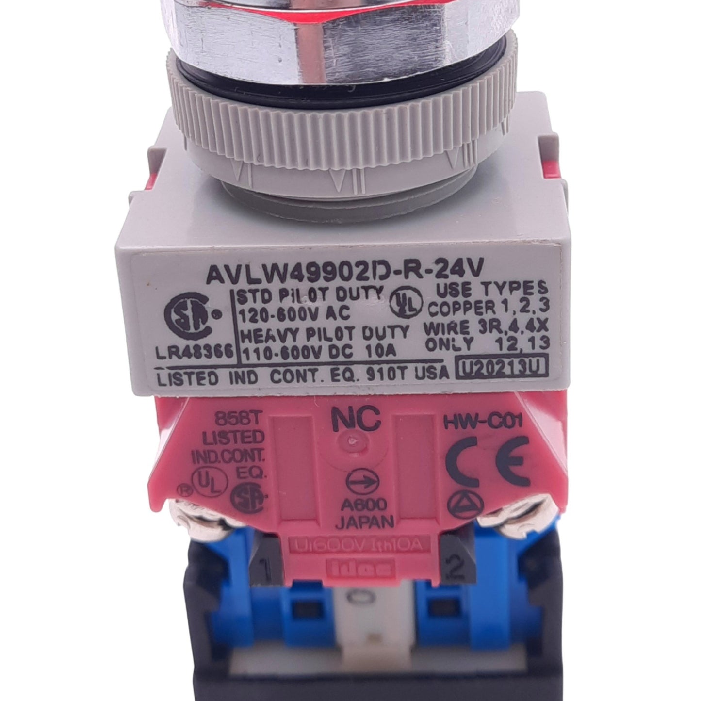 Used IDEC AVLW49902D-R-24V Illuminated Push/Twist E-Stop, ø22mm, 2NC 1NO, 24V Lamp