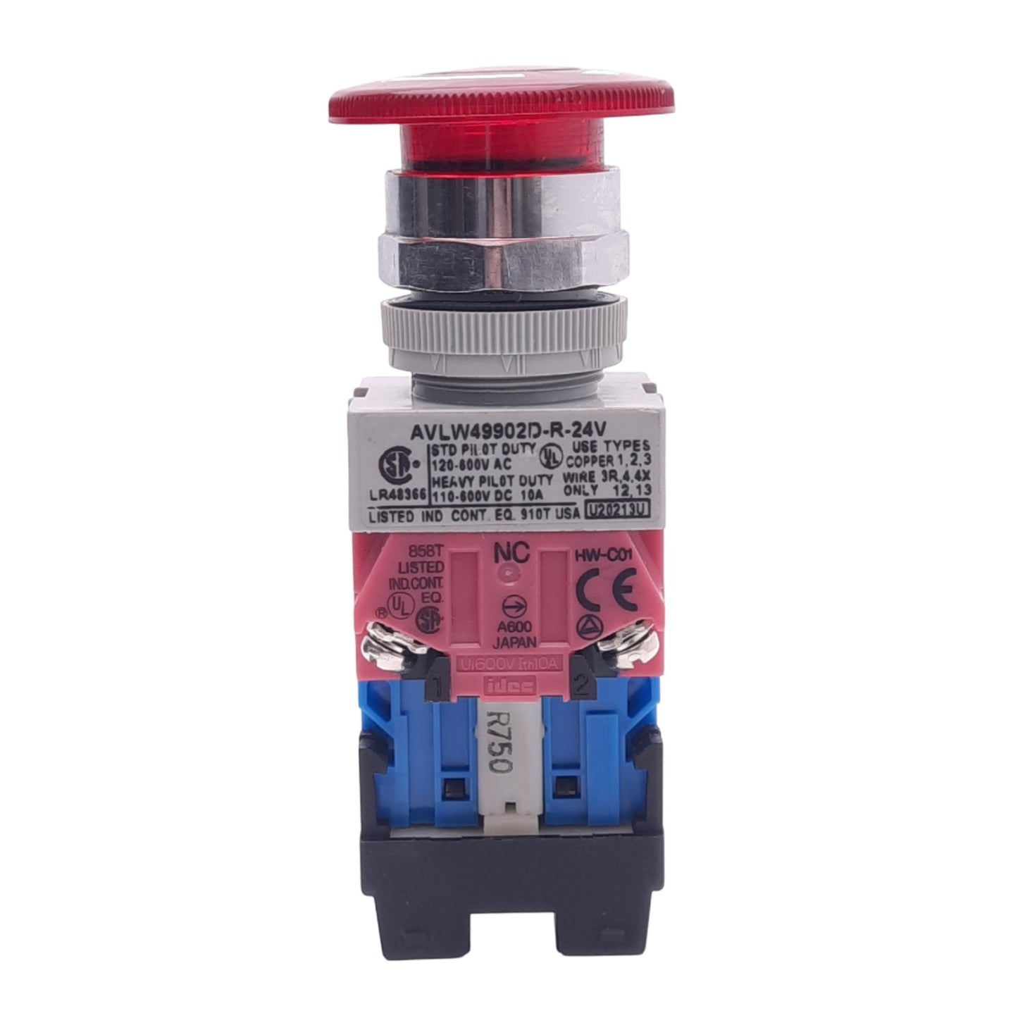 Used IDEC AVLW49902D-R-24V Illuminated Push/Twist E-Stop, ø22mm, 2NC 1NO, 24V Lamp