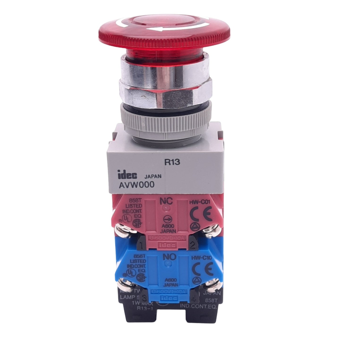 Used IDEC AVLW49902D-R-24V Illuminated Push/Twist E-Stop, ø22mm, 2NC 1NO, 24V Lamp