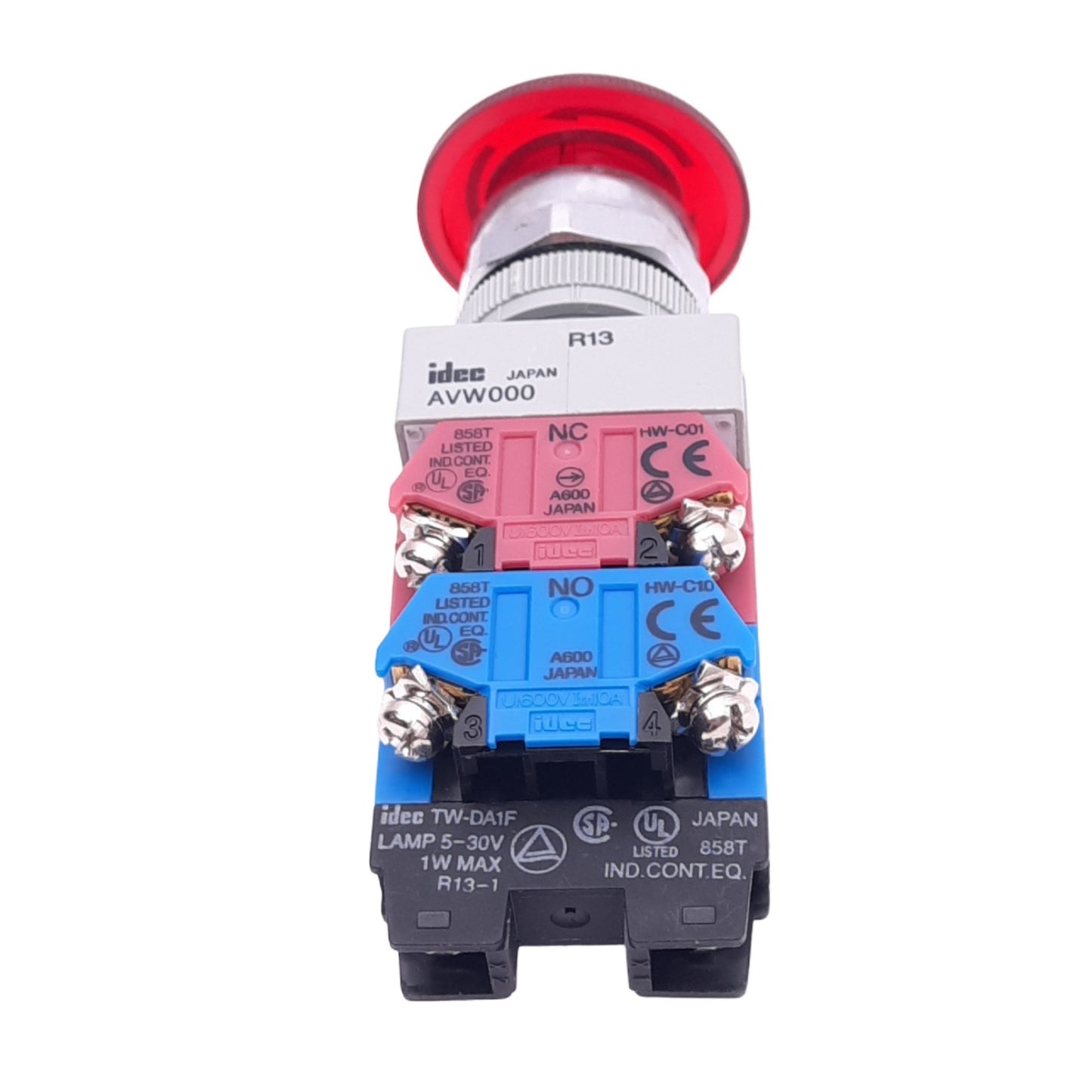 Used IDEC AVLW49902D-R-24V Illuminated Push/Twist E-Stop, ø22mm, 2NC 1NO, 24V Lamp