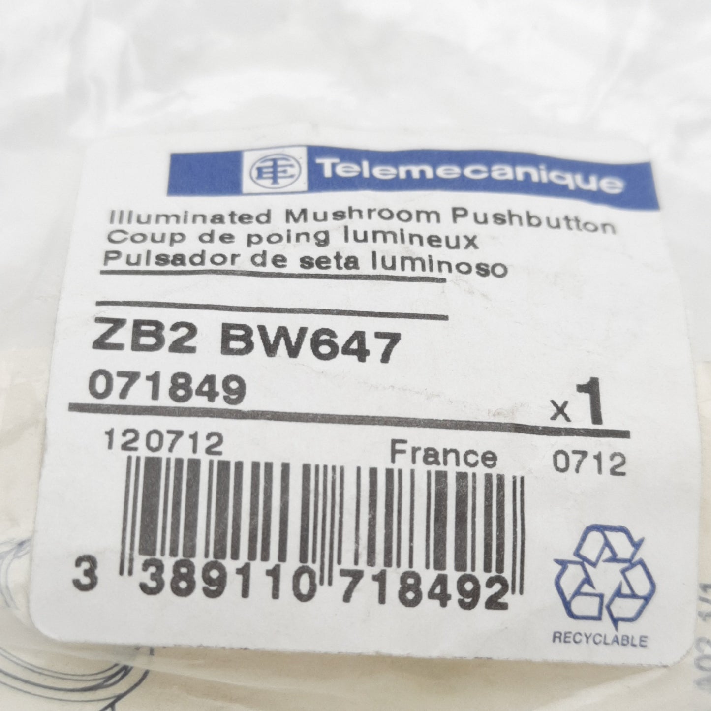 New Telemecanique ZB2BW647 Pushbutton Operator, Red, ø40mm Head, ø22mm, Push-Pull