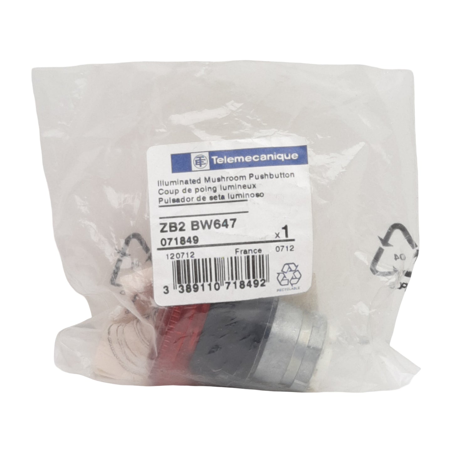 New Telemecanique ZB2BW647 Pushbutton Operator, Red, ø40mm Head, ø22mm, Push-Pull