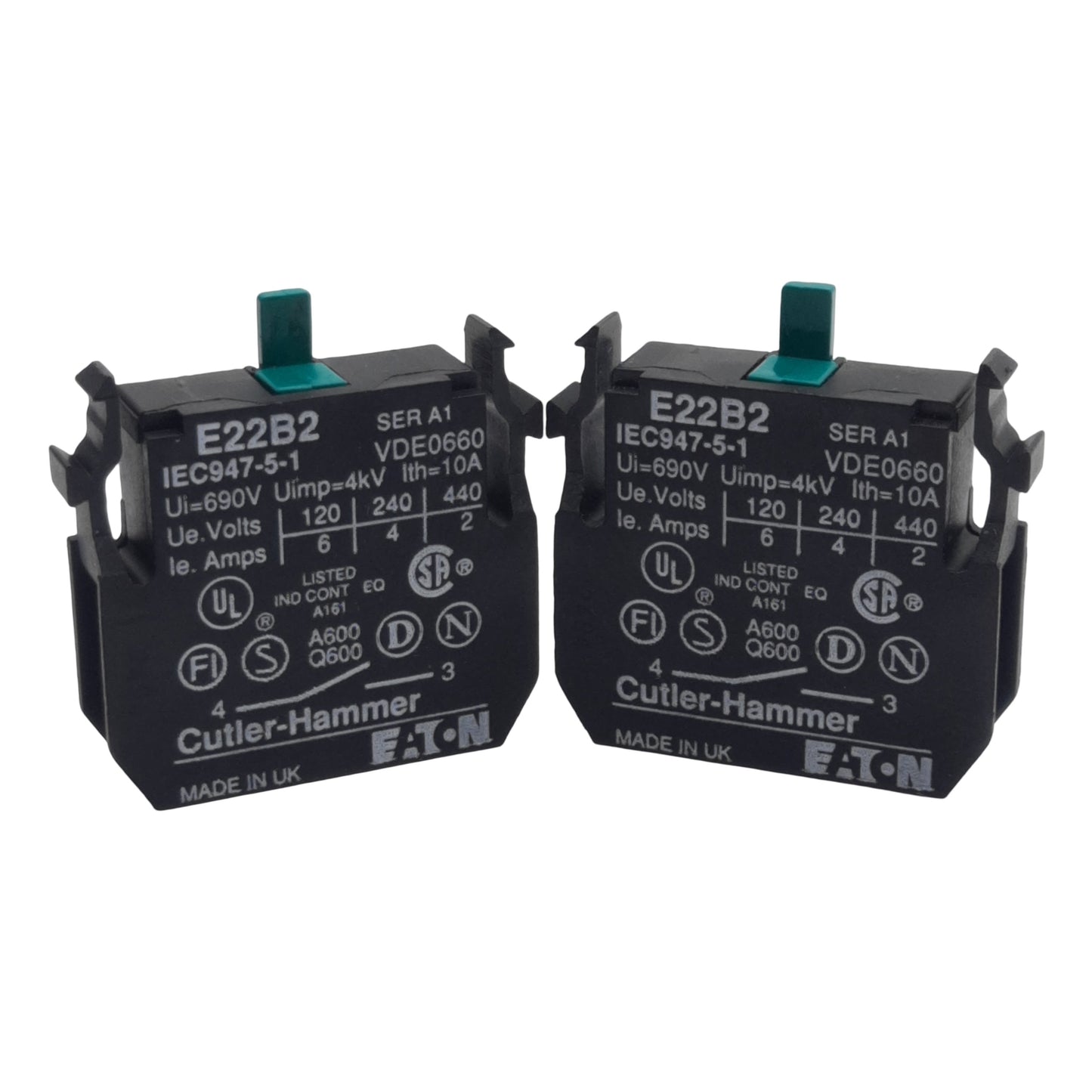 Used Lot of 2 Cutler-Hammer E22B2 Pushbutton Contact Block, 1N.O., 10A 600VAC, 22.5mm