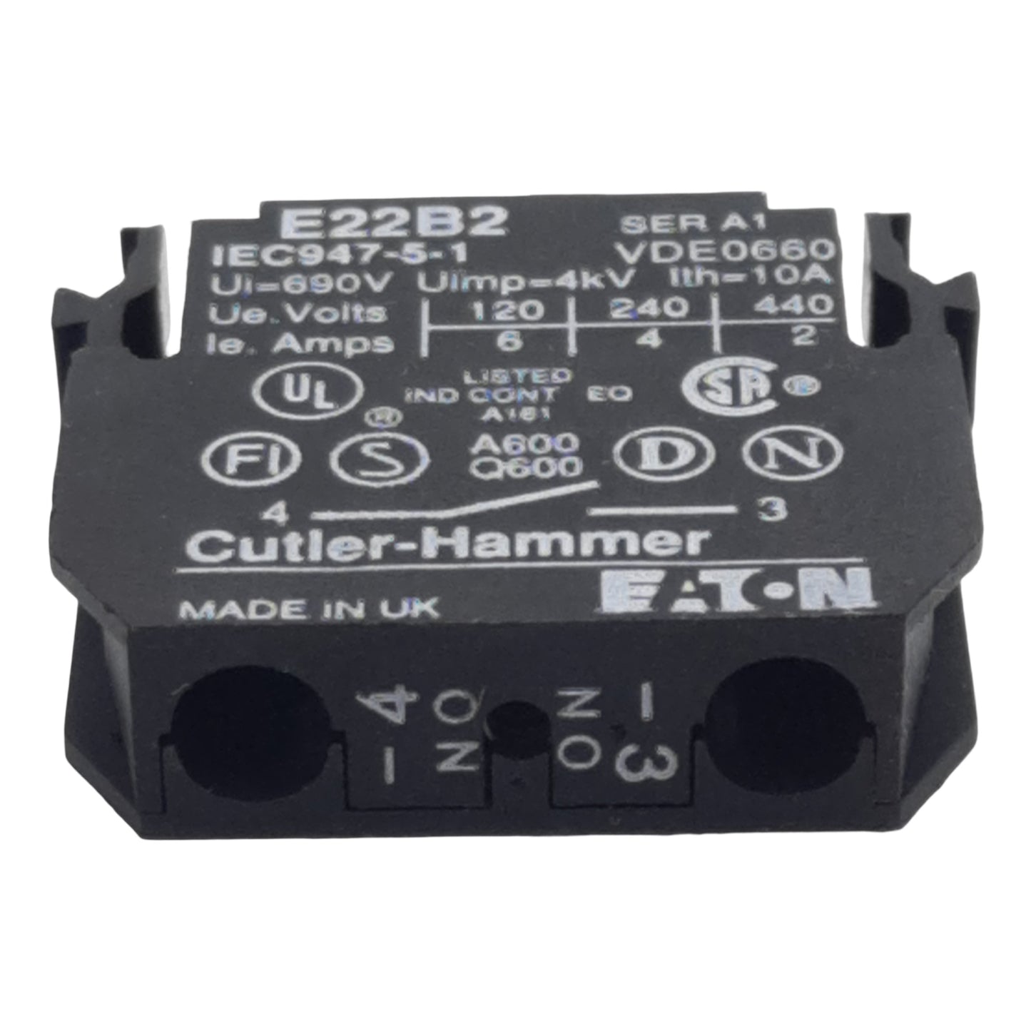Used Lot of 2 Cutler-Hammer E22B2 Pushbutton Contact Block, 1N.O., 10A 600VAC, 22.5mm