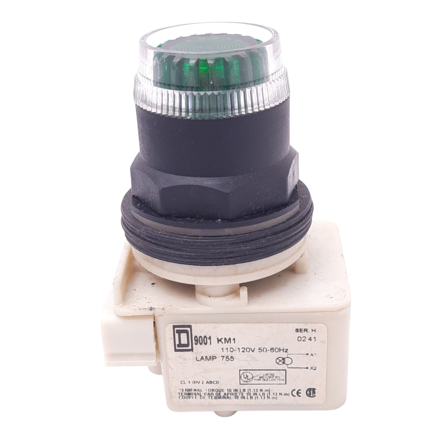 Used Square D 9001KM1 Green Illuminated Push Button, ø30mm, 110-120VAC Lamp