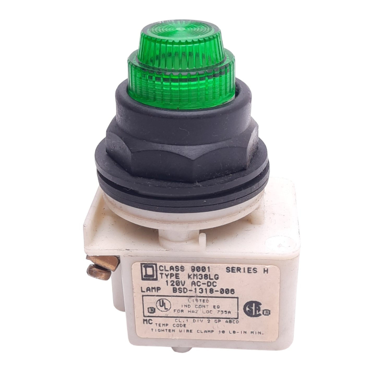 Used Square D 9001KM38LG Green Illuminated Push Button Switch, ø30mm, 120VAC/DC Lamp