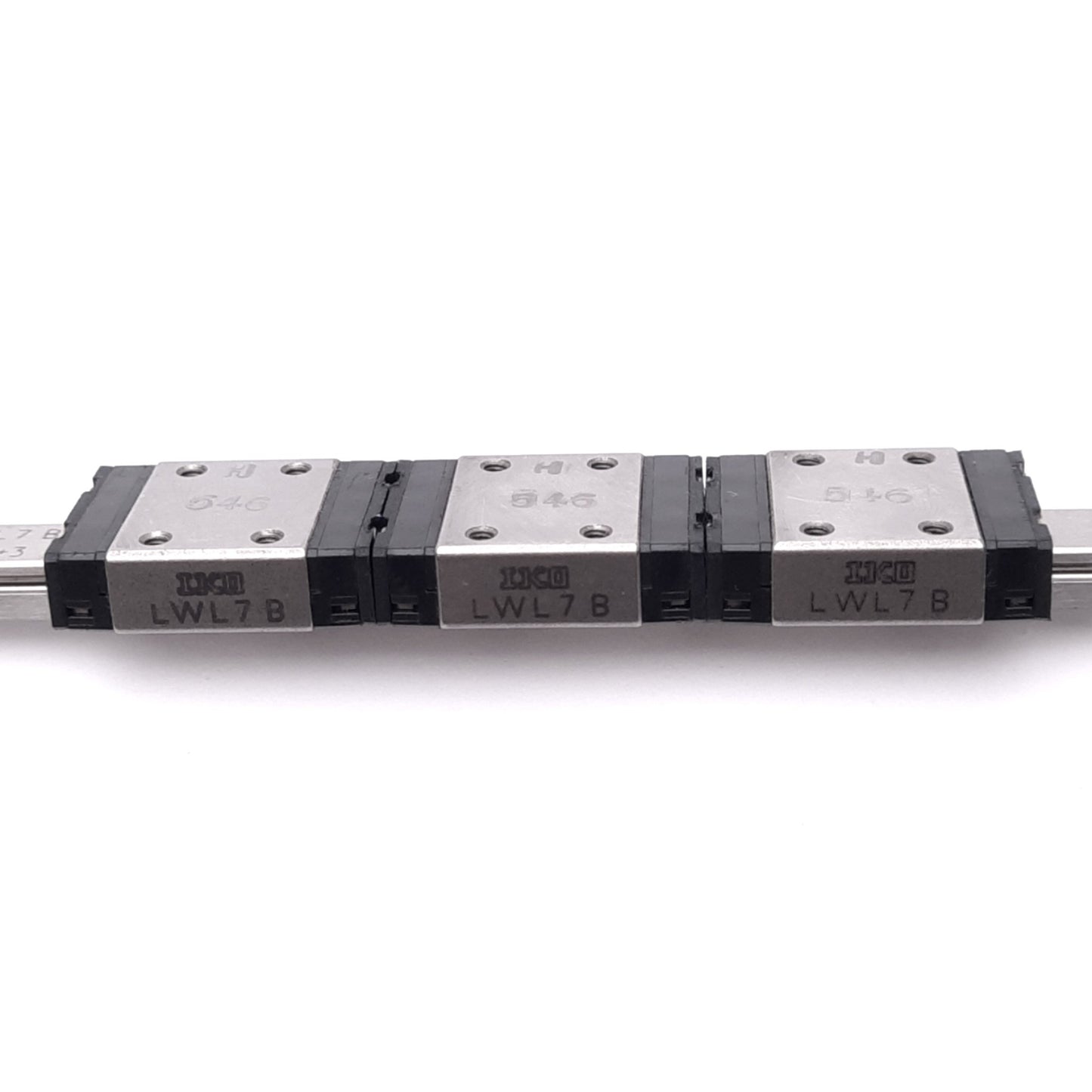 Used IKO LWL7B (3x) Miniature Linear Guide Blocks w/ 7x160mm Rail, 1890N Max Load