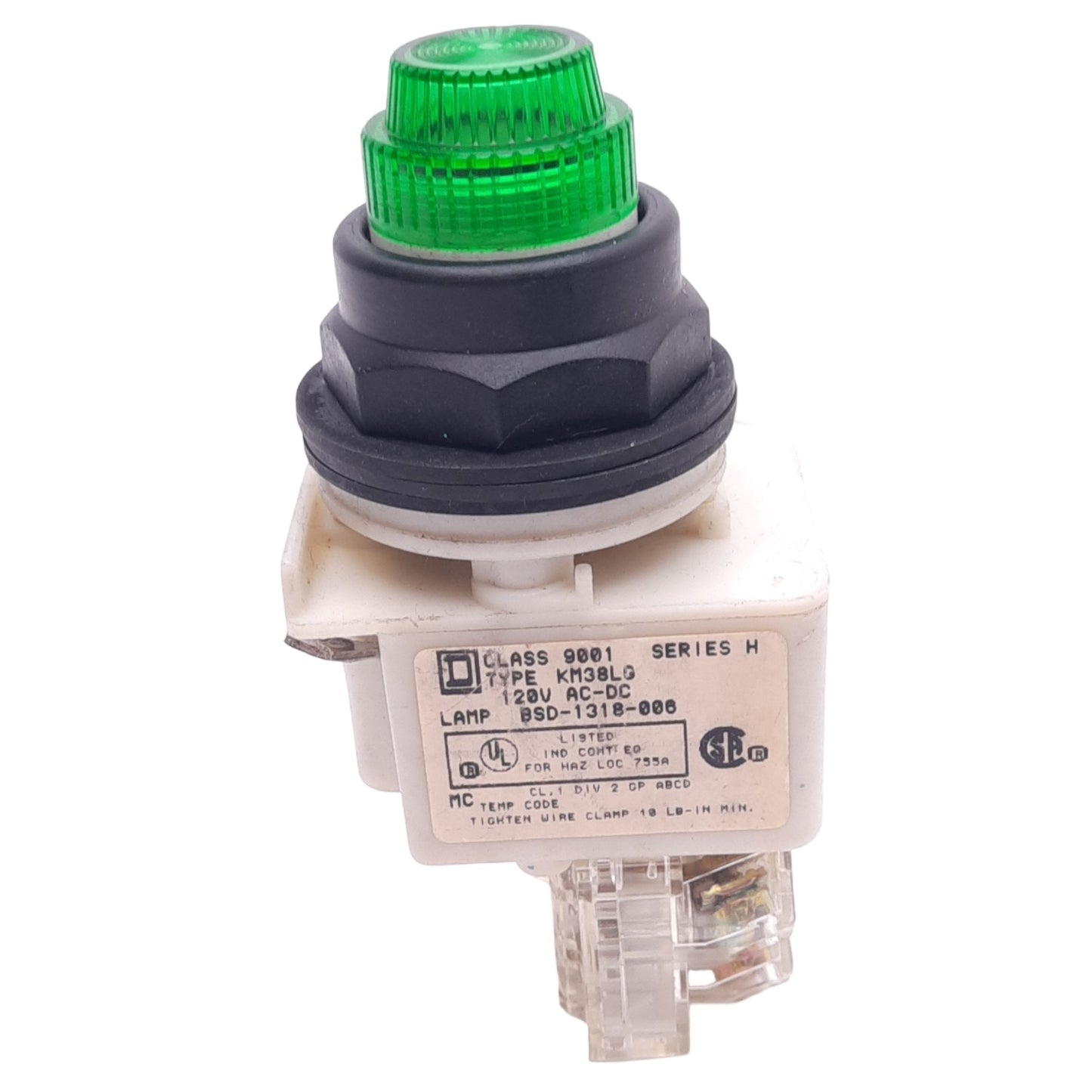 Used Square D 9001KM38LG Green Illuminated Pushbutton, ø30mm, 1NC 1NO, 120VAC/DC Lamp