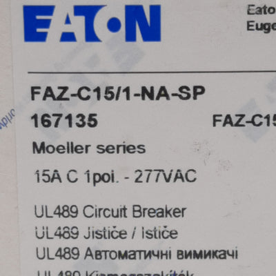 New Eaton FAZ-C15/1-NA-SP Circuit Breaker, 1-Pole, 15A 48VDC/277VAC, DIN Rail