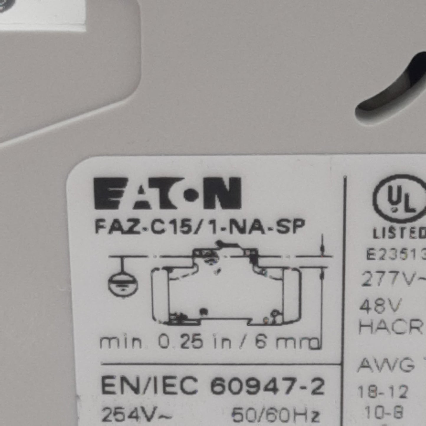 Used Eaton FAZ-C15/1-NA-SP Circuit Breaker 1-Pole, 15A 48VDC/277VAC, DIN Rail