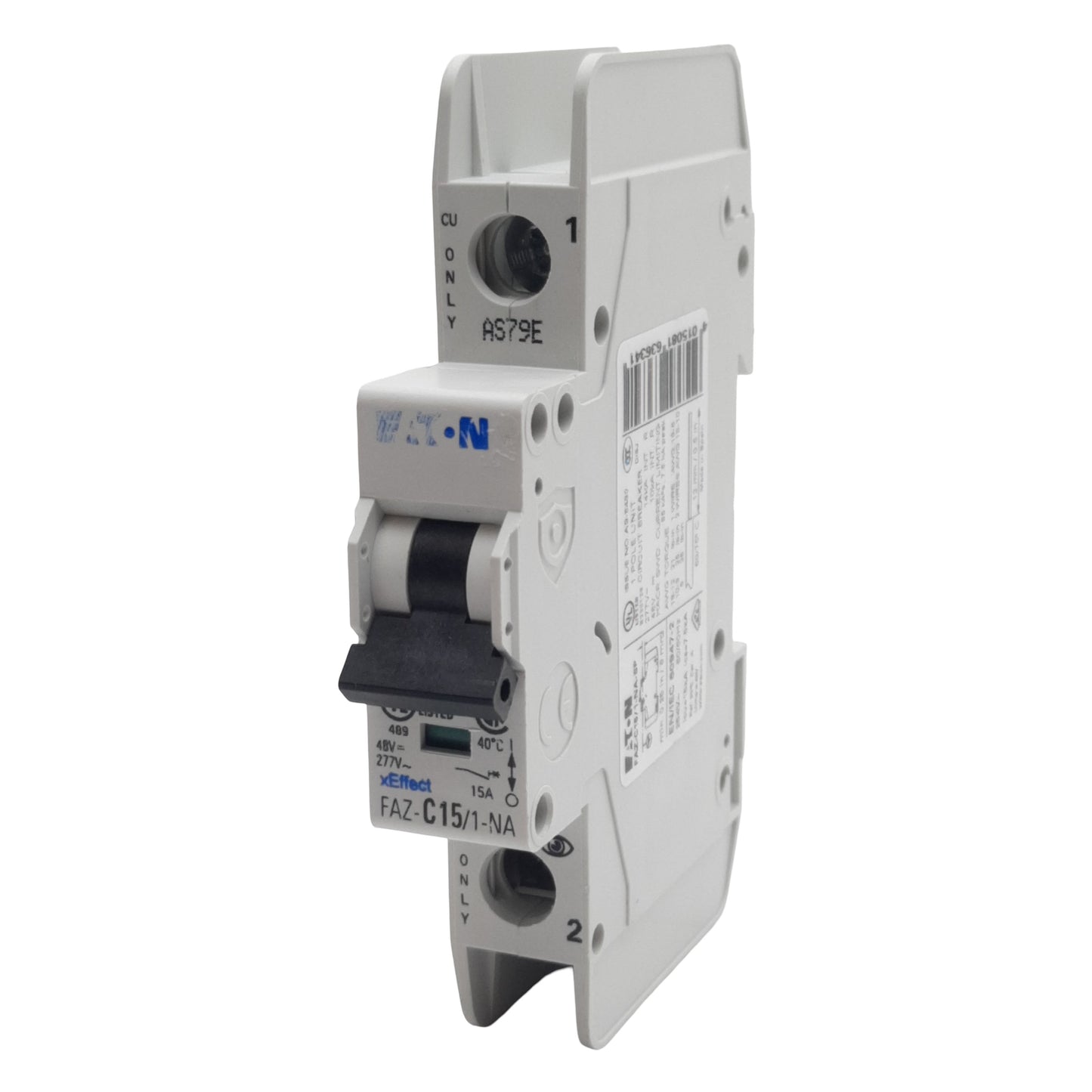 Used Eaton FAZ-C15/1-NA-SP Circuit Breaker 1-Pole, 15A 48VDC/277VAC, DIN Rail