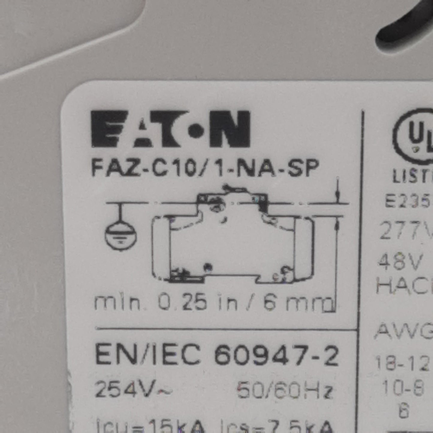 Used Eaton FAZ-C10/1-NA-SP Circuit Breaker, 1-Pole, 10A 48VDC/277VAC, DIN Rail