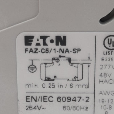 Used Eaton FAZ-C5/1-NA-SP Circuit Breaker, 1-Pole, 5A 48VDC/277VAC, DIN Rail
