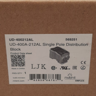 New nVent UD-400A-212AL Single Pole Distribution Block, 1-Pole, 400A 1500VDC/1000VAC