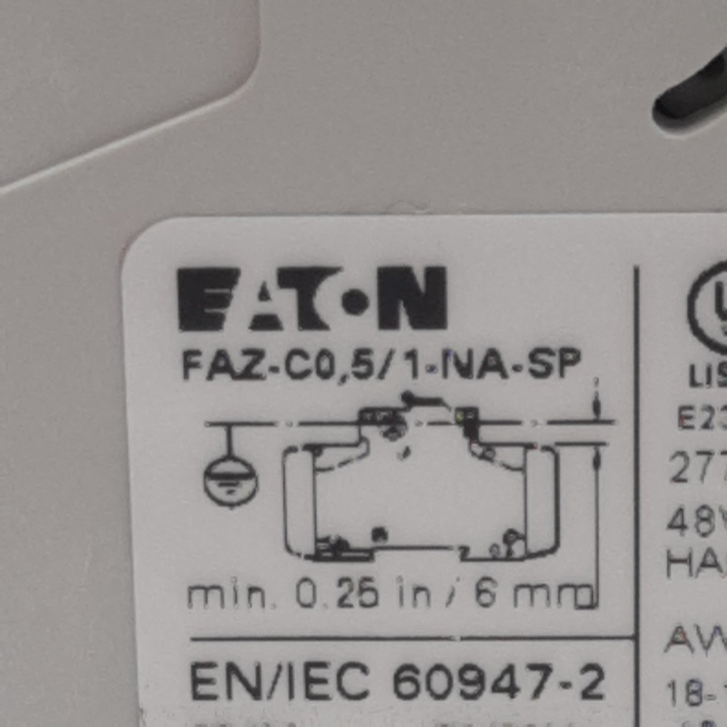 Used Eaton FAZ-C0.5/1-NA-SP Circuit Breaker, 1-Pole, 0.5A 48VDC/277VAC, DIN Rail