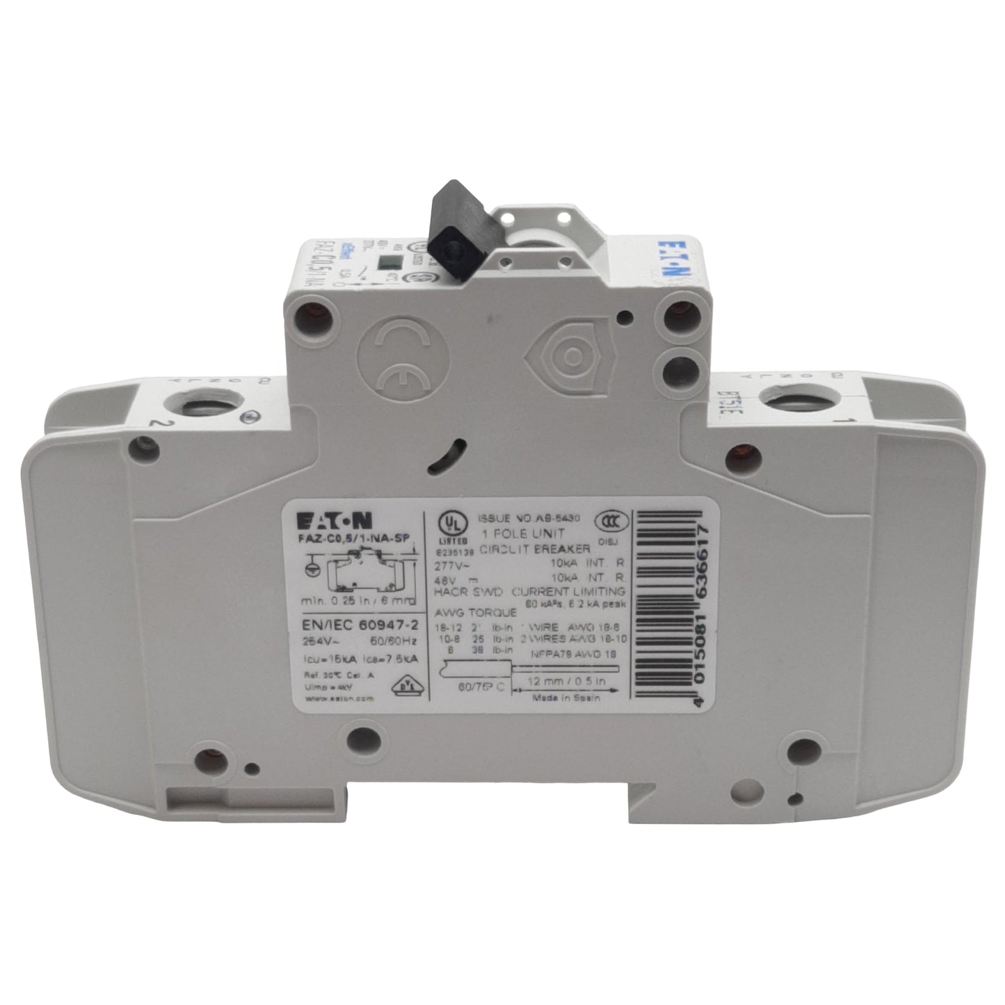 Used Eaton FAZ-C0.5/1-NA-SP Circuit Breaker, 1-Pole, 0.5A 48VDC/277VAC, DIN Rail