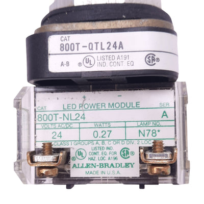 Used Allen Bradley 800T-QTL24A Illuminated Pushbutton, ø30mm, 1NO 1NC, 600V 10A Max