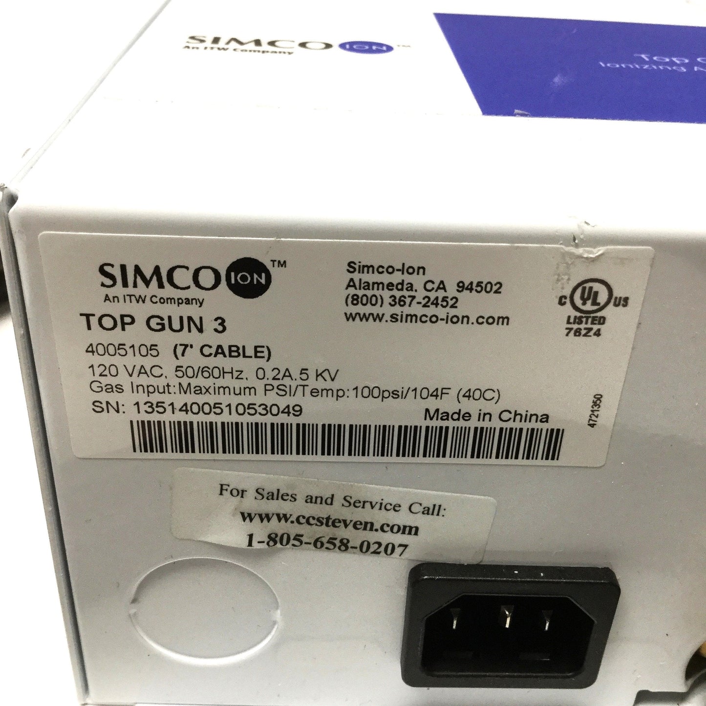 Used Simco Top Gun 3 4005105 Air Ionizer, 120VAC, 100psi, 7ft Cable/Hose, 7.4scfm