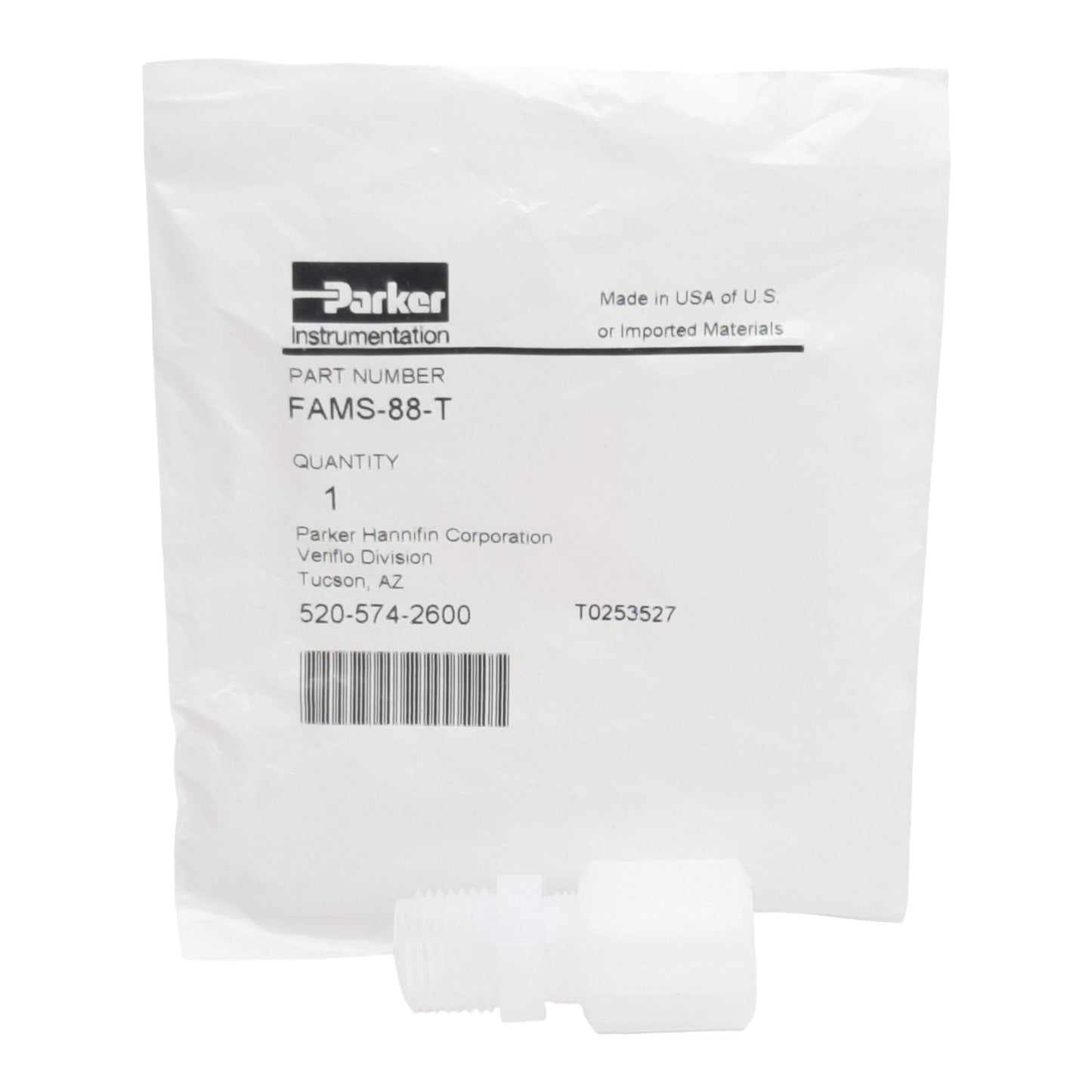 New Parker FAMS-88-T PFA Tube Fitting ø1/2in Tube x 1/2in NPT Straight Male, 125psig