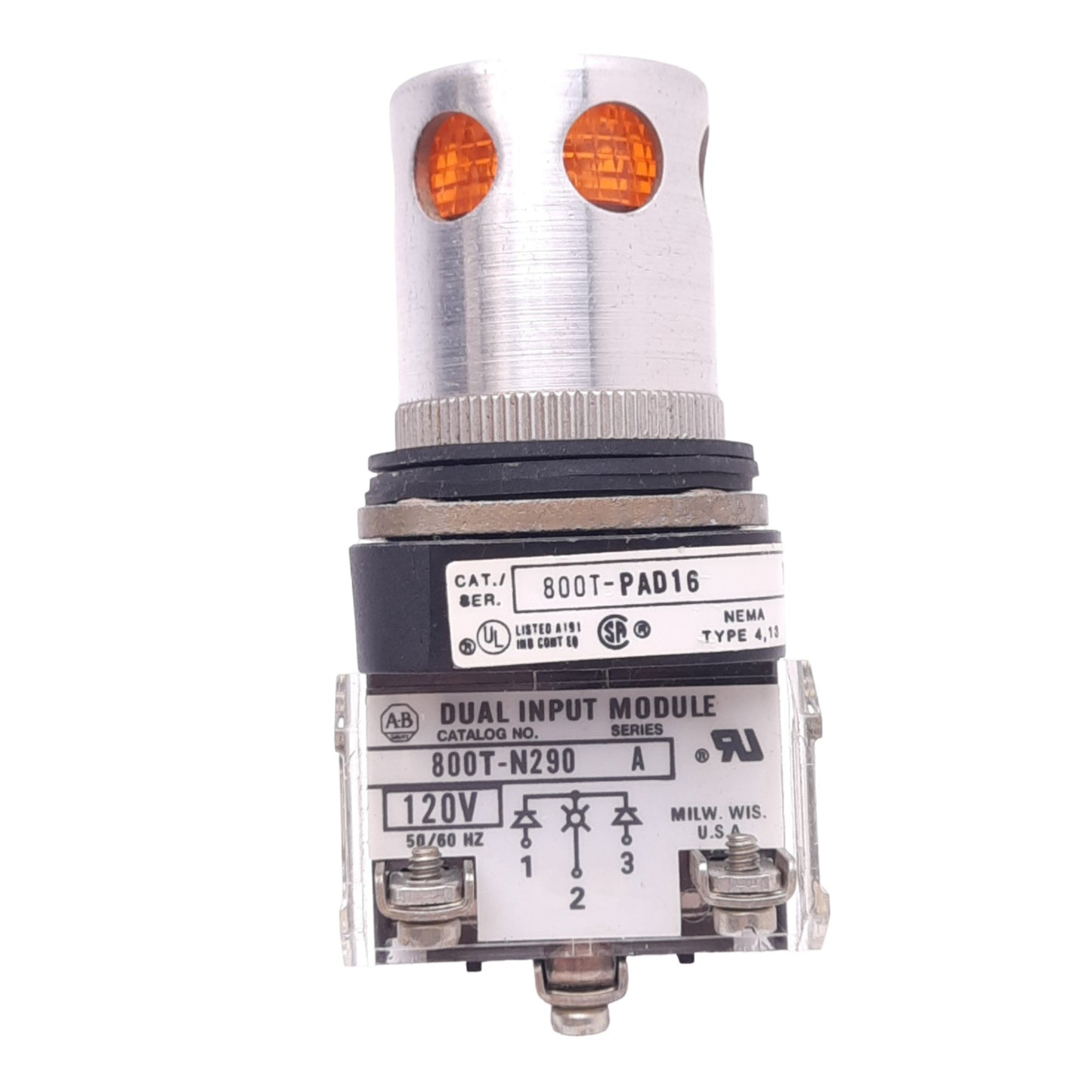 Used Allen Bradley 800T-PAD16 Amber Illuminated Pushbutton, ø30mm, 1NO 1NC, 600V 10A