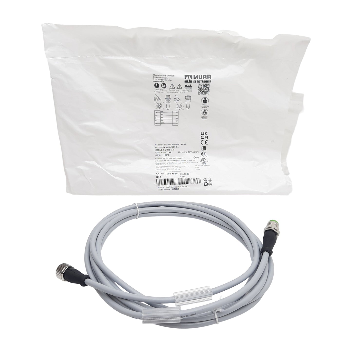 New Murrelektronik 7000-40041-2150300 Cordset, 5P M12 Male to Female, 4A 125VAC, 3m