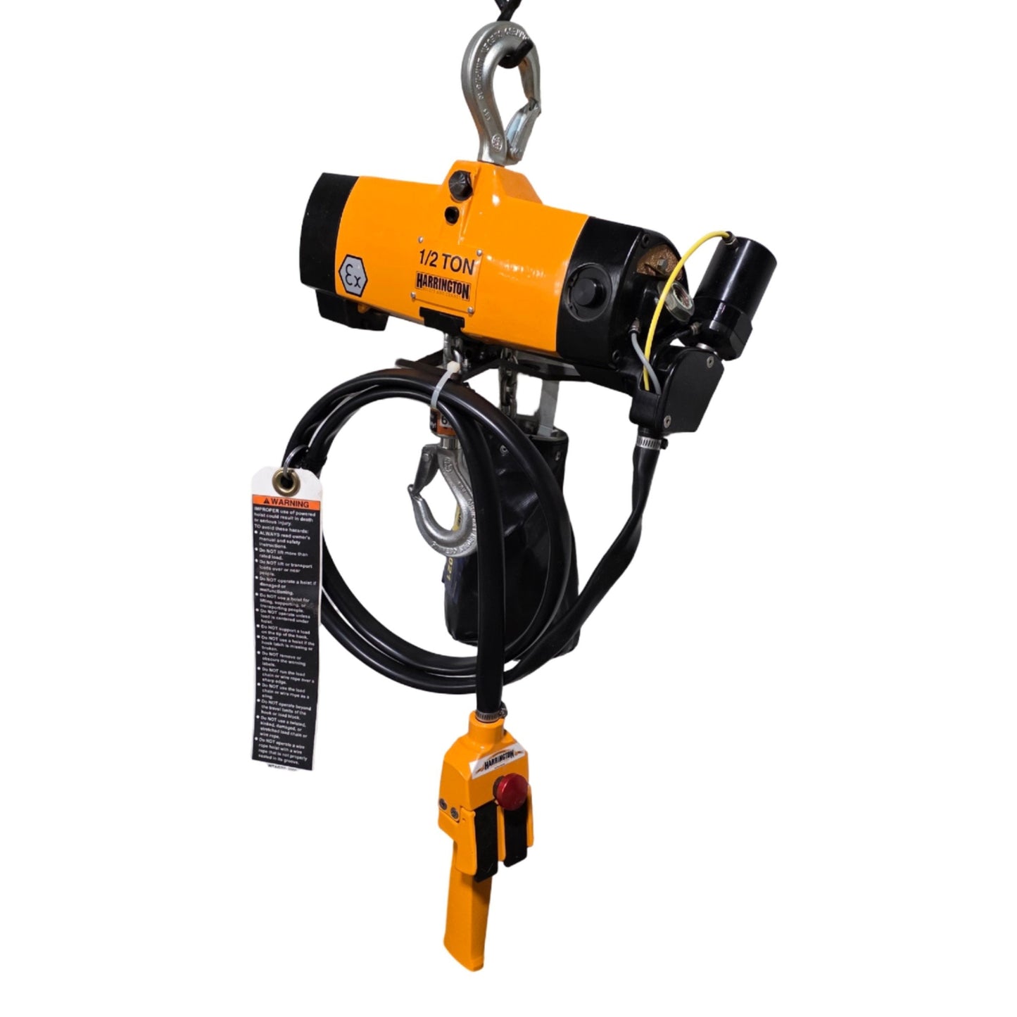 Used Harrington AL005P 1/2 Ton Spark Resistant Air Hoist 10Ft Lift 6Ft Pendant 90PSI
