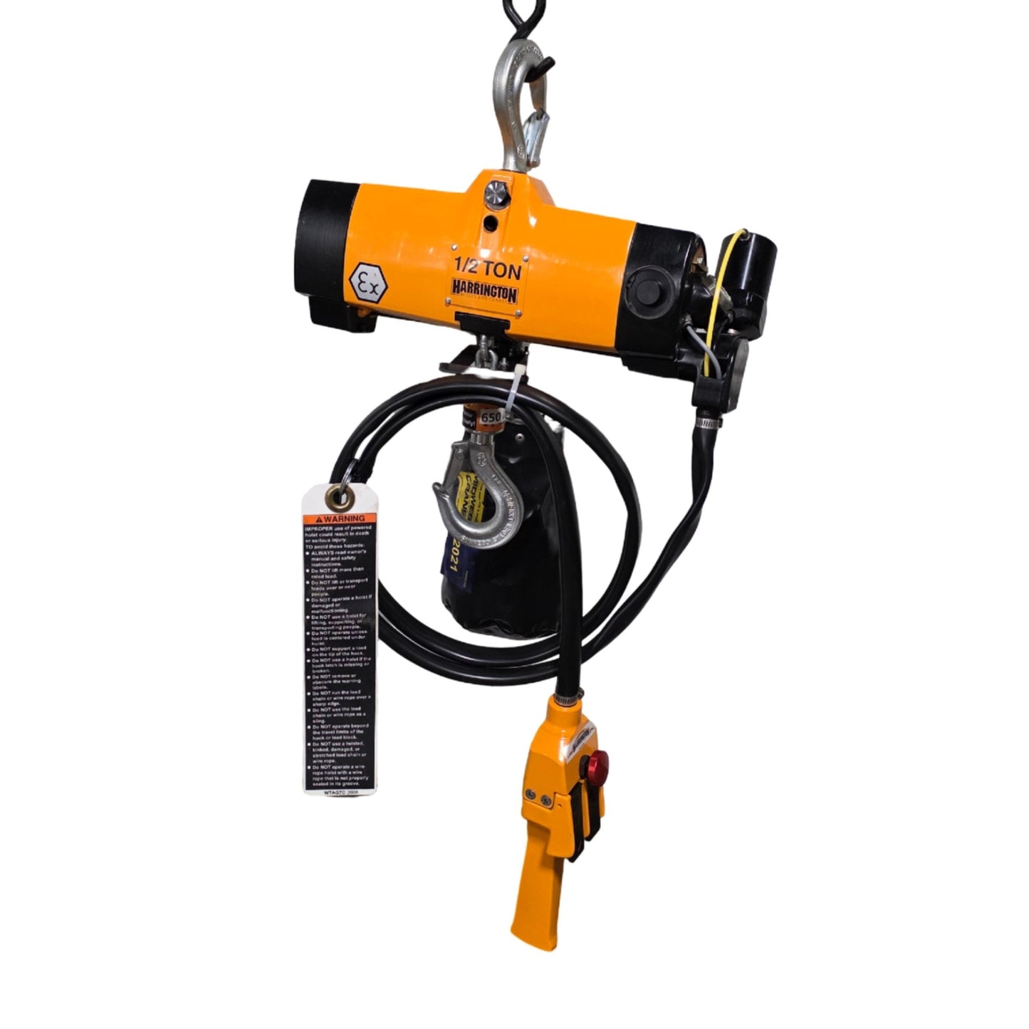 Used Harrington AL005P 1/2 Ton Spark Resistant Air Hoist 10Ft Lift 6Ft Pendant 90PSI